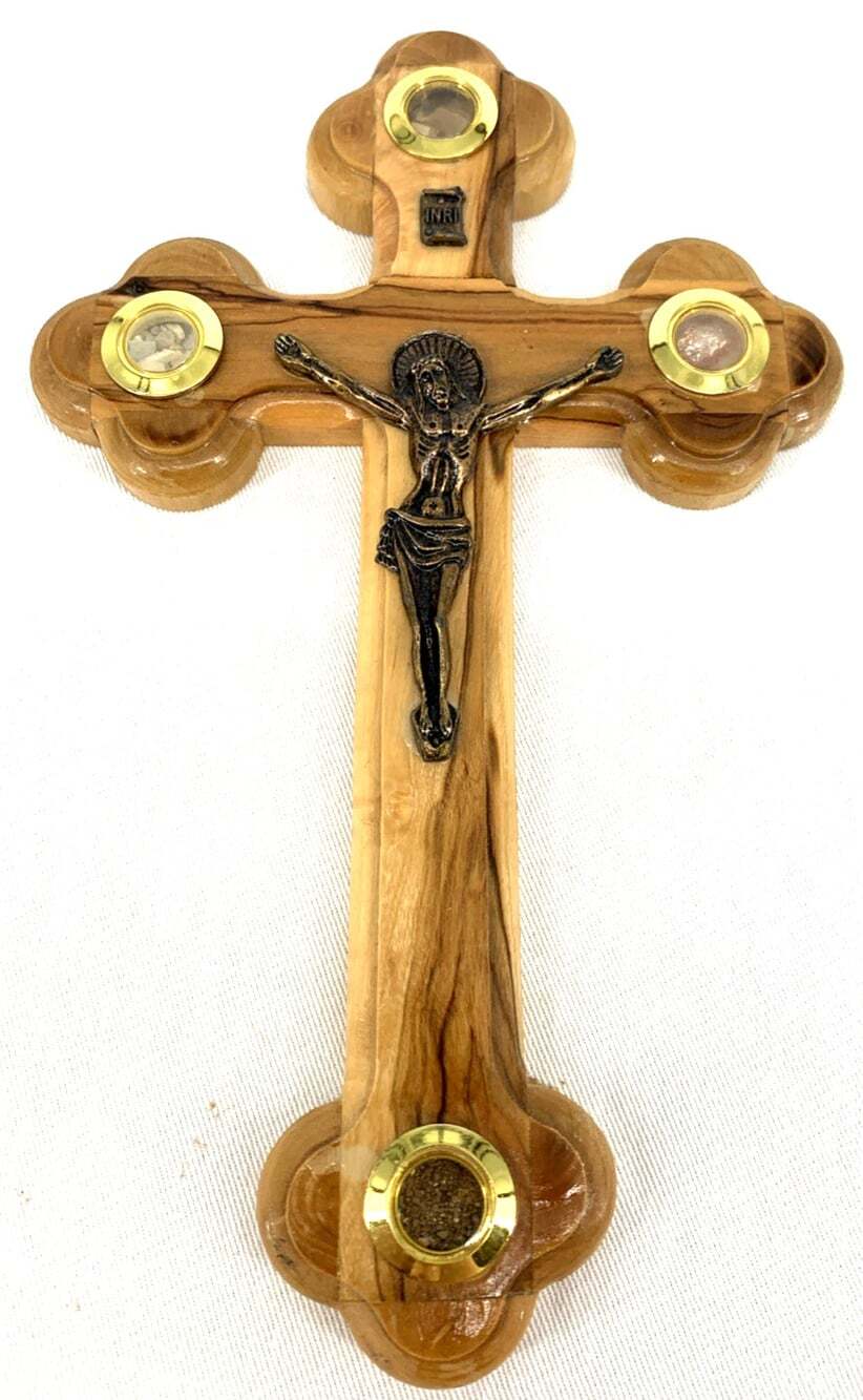 Crucifix Cross Olive Wood Four Essences of The Holy Land 9"